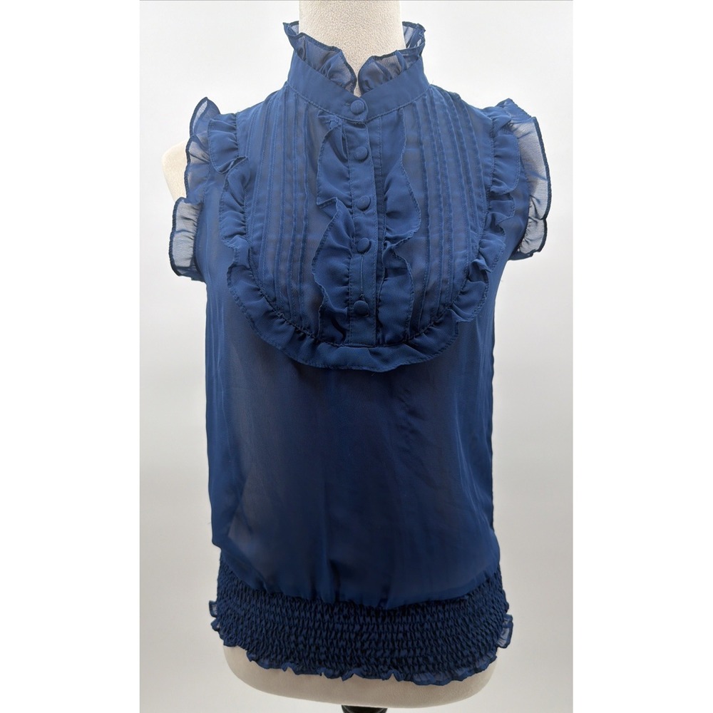 Poetry Navy Blue Ruffle Smocked Button Blouse Size Small Victorian Romantic